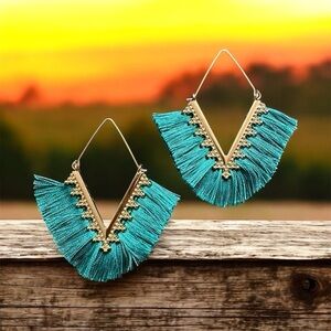 Turquoise Gold Boho Tassel Statement Earrings. Geometric Southwest Resort Wear